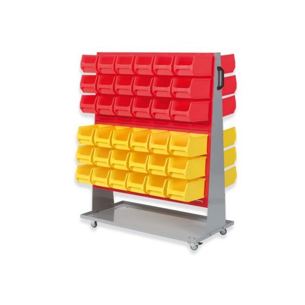 PROREGAL ProfiDrop Systemwagen auf Rollen mit Roten Systemplatten und 72 x Rote und Gelbe Sichtlagerbox 3.0 HxBxT 130 x 100 x 50 cm