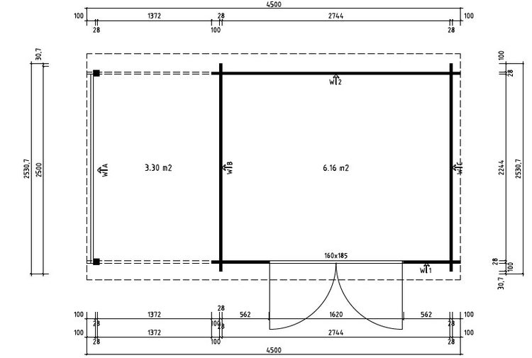 Technische Zeichnung mit Grundriss und Abmessungen eines Gartenhauses mit Terrasse.