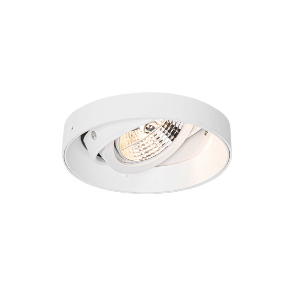 Runder weißer schwenkbarer Deckenstrahler mit Reflektorlampe.