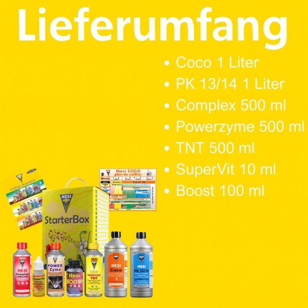 Hesi StarterBox Coco Set mit Pflanzendüngern und Zusätzen: Coco, PK 13 14, Complex, PowerZyme, TNT, SuperVit, Boost und Düngeschema.