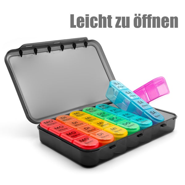 BigDean 2 Stück Tablettenbox 7 Tage luftdicht & lebensmittelecht – Medikamentenbox Morgens, Mittags, Abends & Nacht – im Regenbogen Design