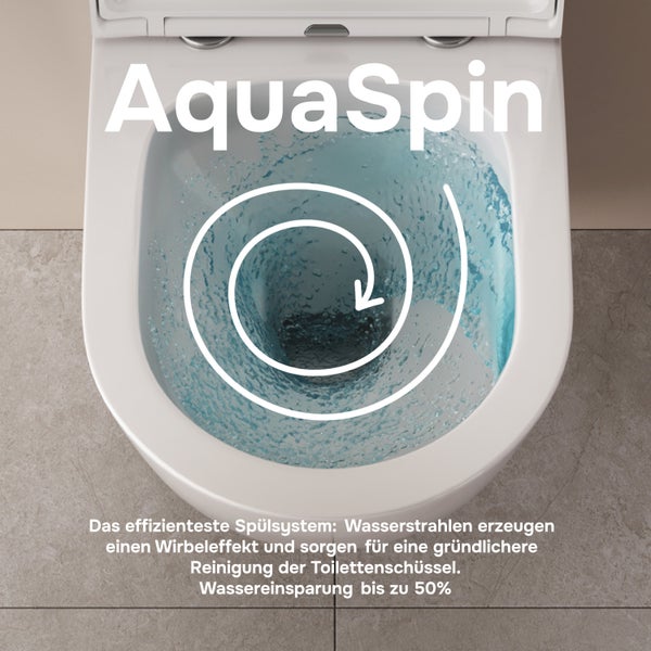 Wand-WC mit AquaSpin Spuelsystem fuer effiziente und wassersparende Reinigung mit Wirbeleffekt im Keramikbecken.