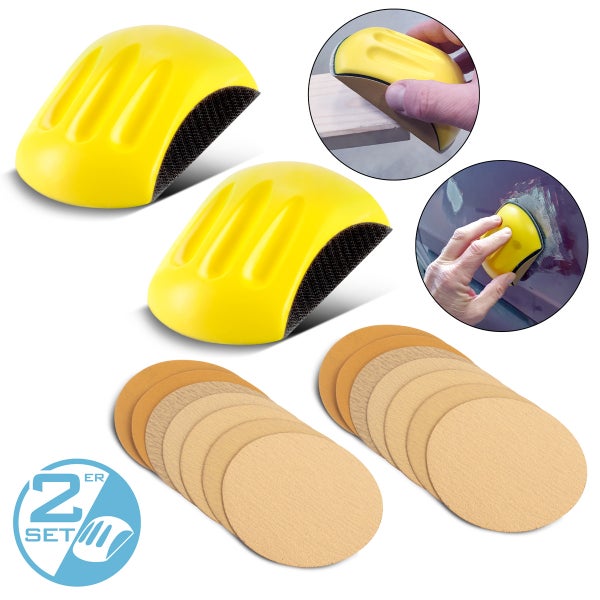 Set mit zwei Handschleifern und Schleifpapier für die Holz- und Metallbearbeitung.