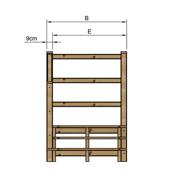 Technische Zeichnung eines Holzregals mit Maßangaben