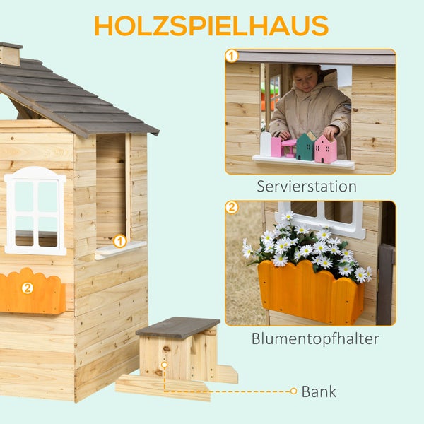 Holzspielhaus mit Servierstation, Blumenkasten und Bank