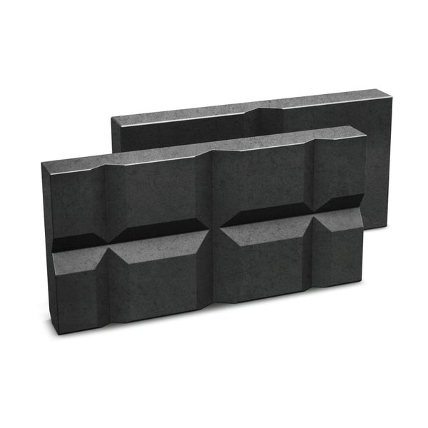Zwei anthrazitfarbene Mauersteine aus Beton mit einer geometrischen dreidimensionalen Oberfläche für den Garten.