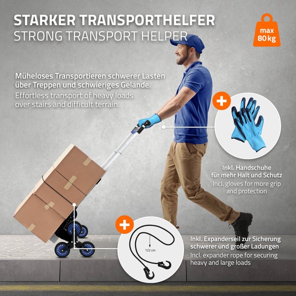 ECD Germany Sackkarre klappbar aus Aluminium, Transportkarre faltbar mit 6 Rädern, bis 80 kg, Treppensackkarre mit Teleskopgriff, Treppensteiger Stapelkarre Handkarre, inkl. Handschuhe & Spanngurt
