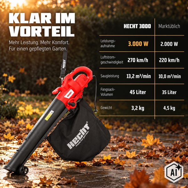 Laubsauger und Laubbläser Hecht 3000 mit Leistungsvergleichstabelle für die Gartenpflege.