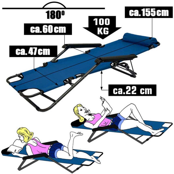 Campingstuhl Liegestuhl Freizeitliege Sonnenliege Strandliege Campingliege Klappliege Liege 153cm | Dunkelblau