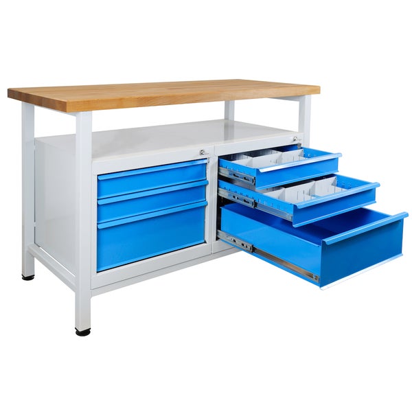 PROREGAL Werkbank Rhino mit Ablagefläche 6 Schubladen HxBxT 84 x 120 x 60 cm Traglast 300 kg Lichtgrau Blau