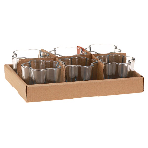6er-Set Teelichthalter aus Glas in Blumenform in einem Karton.
