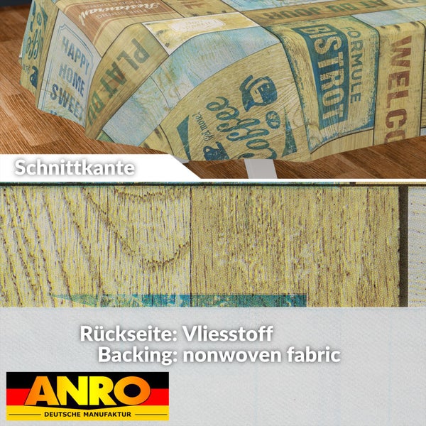 Wachstuchdecke mit Vintage-Holzoptik und Textmotiven, Schnittkante und Rückseite aus Vliesstoff, ANRO Deutsche Manufaktur Logo.