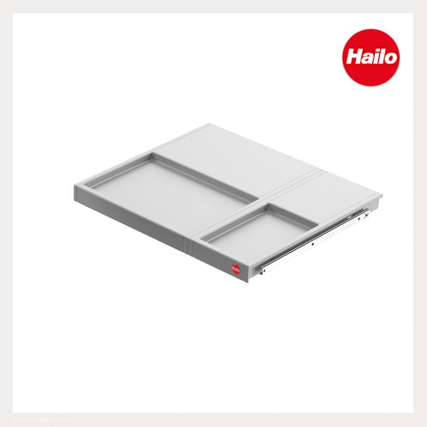 Hailo Systemdeckel für Abfalltrennsysteme, ausziehbarer Kunststoffeinsatz mit Metallschienen. Hailo Logo.