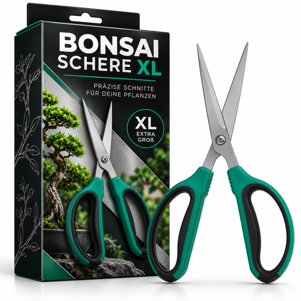 Bonsaischere XL mit Metallklingen und ergonomischen Griffen in der Produktverpackung