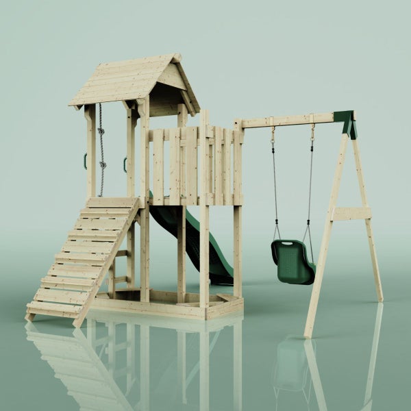Spielturm aus Holz mit Rutsche, Schaukel und Kletterseil