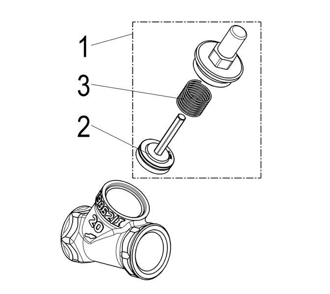 Technische Explosionszeichnung eines Ventileinsatzes für ein Schrägsitzventil mit Gehäuse, Feder und Ventilkegel.