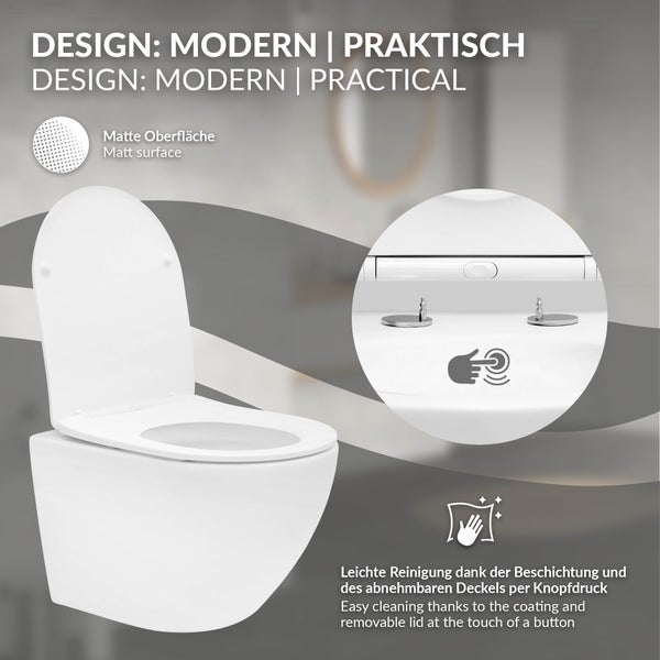ECD Germany Spülrandloses Hänge WC weiß matt mit abnehmbaren WC-Sitz aus Duroplast Softclose Absenkautomatik, Wand-WC Tiefspüler kurze Ausladung 49cm, Design Toilette aus Sanitärkeramik, Tiefspül-WC