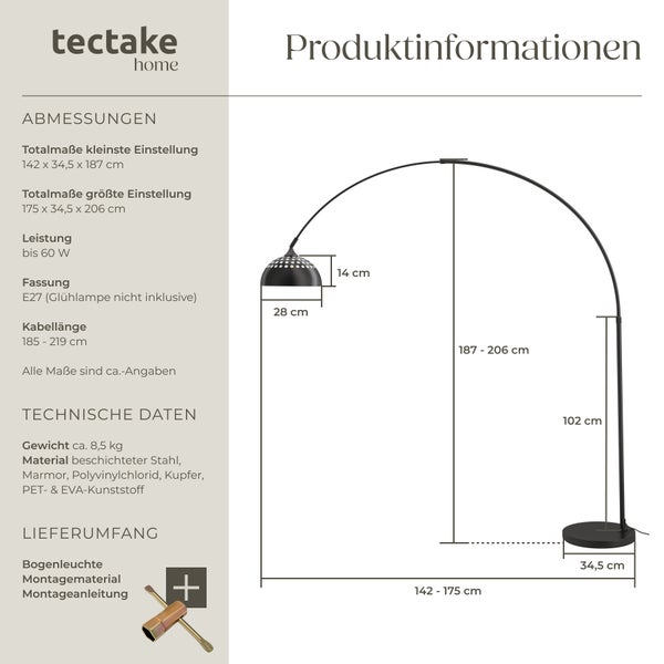Produktinformationen zu einer Bogenleuchte mit Abmessungen und technischen Daten