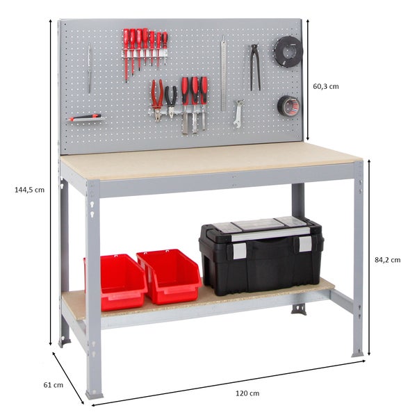 PROREGAL Werkbank Quick Buffalo mit Werkzeugwand mit Zubehör Beta HxBxT 84 x 120 x 61 cm Traglast 600 kg Grau