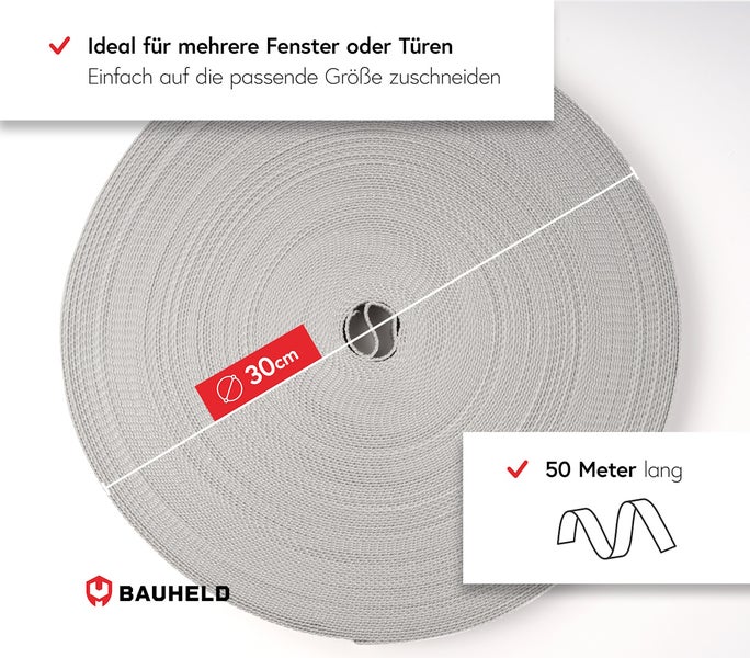 Aufrollbare Fensterdichtung mit 30 Zentimeter Durchmesser und 50 Meter Länge