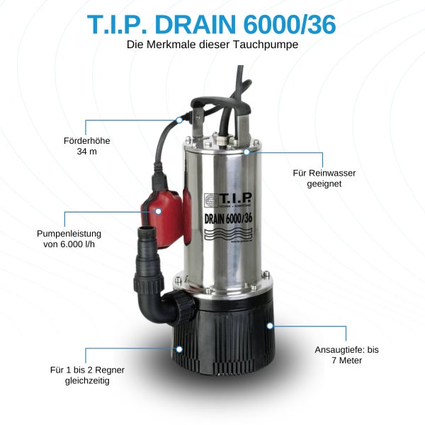 T.I.P. Tauchpumpe DRAIN 6000/36 für Reinwasser, 34 Meter Förderhöhe, 6000 Liter pro Stunde Leistung, 7 Meter Ansaugtiefe, für 1 bis 2 Regner.
