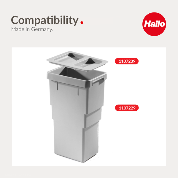 Hailo Logo, Abfalleimer mit Deckel, hergestellt in Deutschland, zeigt Kompatibilität der Einzelteile.