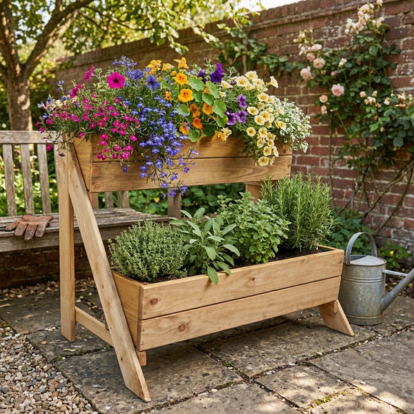 Zweistöckiges Hochbeet aus Holz auf einer Terrasse, bepflanzt mit bunten Sommerblumen oben und frischen Kräutern wie Rosmarin und Thymian unten.