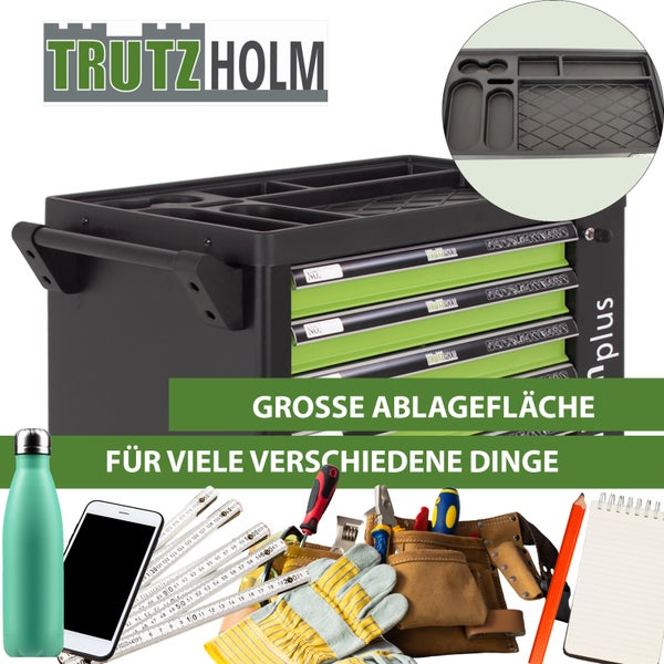 TrutzHolm Werkstattwagen mit großer Ablagefläche und Werkzeugfächern für eine organisierte Aufbewahrung von Werkzeug und Zubehör.