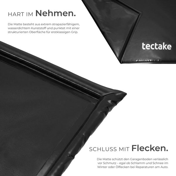 Wasserfeste Garagenmatte aus strapazierfähigem Kunststoff mit strukturierter Oberfläche für Grip, tectake Logo.