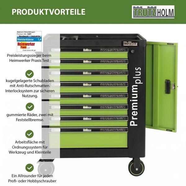 Trutzholm Premium plus Werkstattwagen mit acht Schubladen, kugelgelagerten Auszügen und Ablagefläche, inklusive Trutzholm Logo.