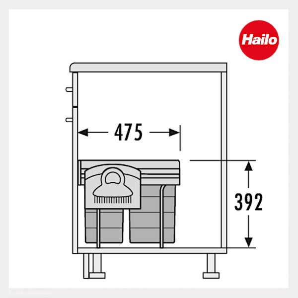 Technische Zeichnung eines Hailo Mülltrennsystems mit Einbaumaßen von 475 Millimeter Tiefe und 392 Millimeter Höhe. Hailo Logo.