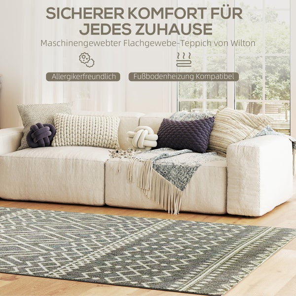 Heller Wohnraum mit Wilton Flachgewebe-Teppich mit geometrischem Muster vor einem Sofa. Geeignet für Allergiker und Fußbodenheizung.