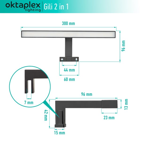 LED Spiegelleuchte Bad 6500K Kaltweiß 5W 350lm Schminklicht 2 in 1 Montage schwarz 30 cm für Spiegel bis 7mm Dicke Spiegellampe