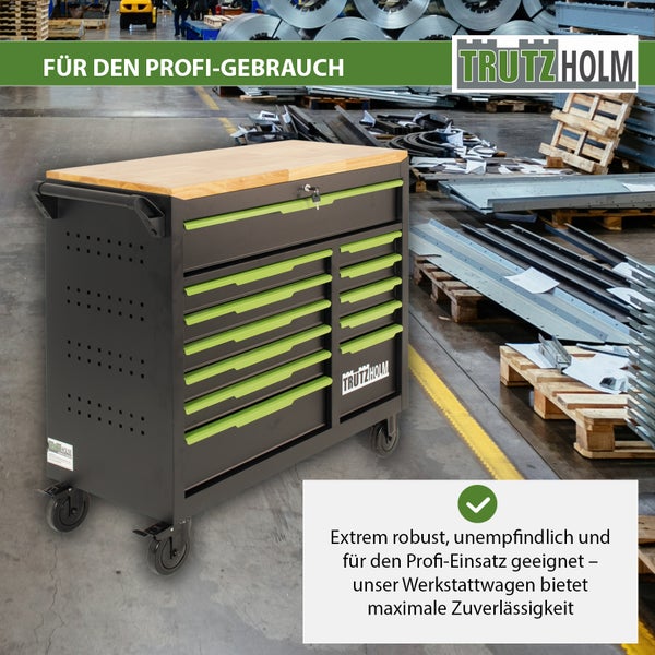 Trutzholm Werkstattwagen mit Holzplatte und 10 Schubladen für den professionellen Einsatz in der Werkstatt.