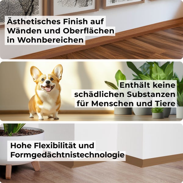 Produktvorteile von Wandleisten und Fußbodenprofilen für Wohnräume, gesundheitliche Sicherheit für Haustiere und hohe Materialflexibilität.