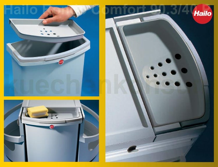 Hailo Rondocomfort Abfalltrennsystem für Küchenschränke mit herausnehmbarem Eimer, gelochtem Deckel und Hailo Logo.