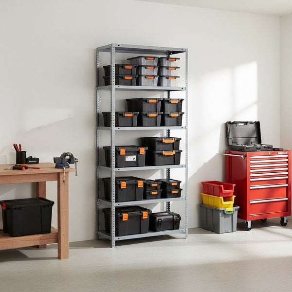 Organisierte Werkstatt mit Metallregal voller schwarzer Boxen, einer Holzwerkbank mit Schraubstock und einem roten Werkstattwagen auf Rollen.