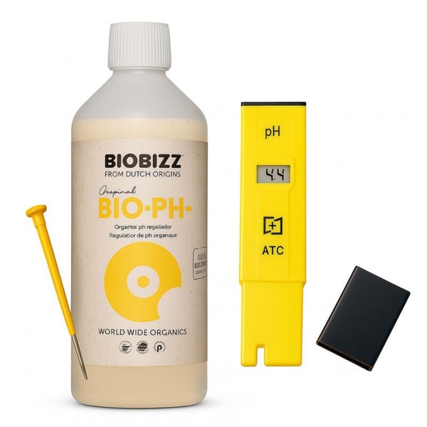 Biobizz BIO-PH- pH-Regulierer in der Flasche mit digitalem pH-Messgerät und Schraubendreher zur Einstellung.