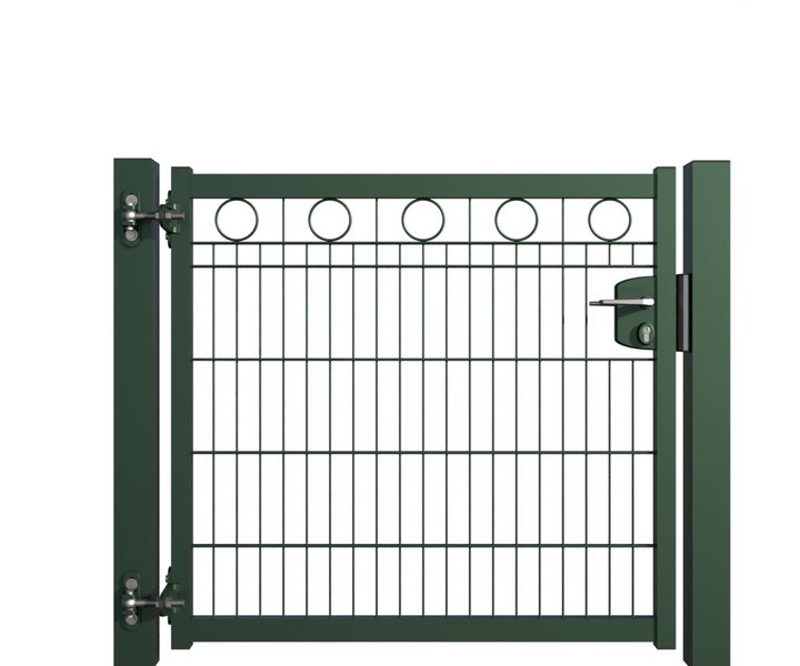 Metallzauntor mit Schloss und runden Dekoelementen