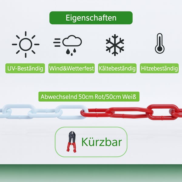 Eigenschaften Absperrkette: UV-beständig, wetterfest, kälte- und hitzebeständig, abwechselnd 50 Zentimeter lange Segmente, individuell kürzbar.