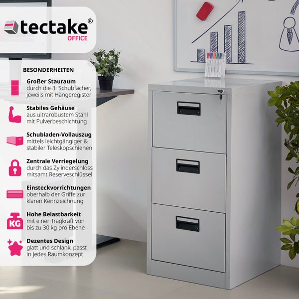 Aktenschrank tectake  62,4 x 46 x 102,8 cm aus pulverbeschichtetem Stahl grau