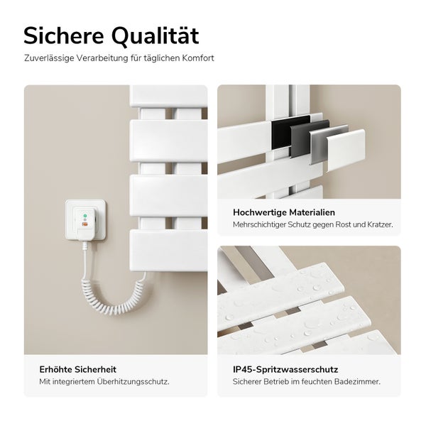 Detailansicht eines elektrischen Badheizkörpers: Stecker mit Überhitzungsschutz, mehrschichtige Rostschutz-Beschichtung und IP45-Spritzwasserschutz.