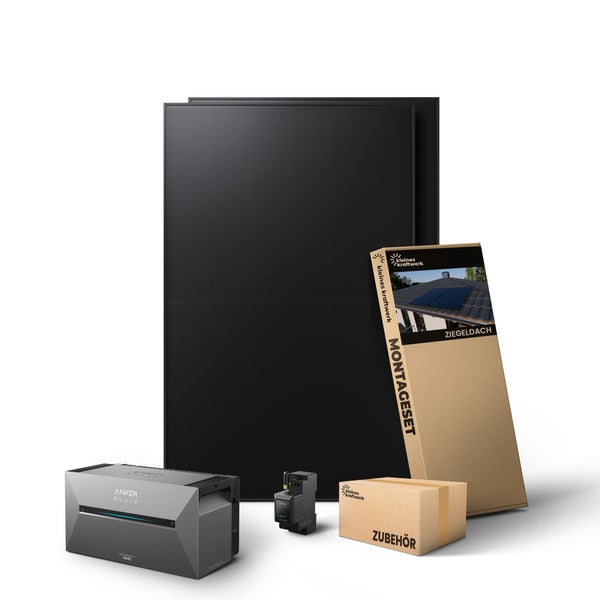 Balkonkraftwerk Set mit zwei Solarmodulen, Anker Solix Solarbank 2 Pro, Smart Meter, Montageset für Ziegeldächer und Zubehör.