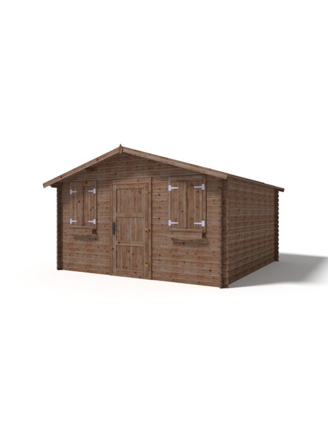 Gartenhaus aus Holz im Blockbohlenbau mit Satteldach, einer Tür und zwei Fenstern mit Fensterläden und Blumenkästen.