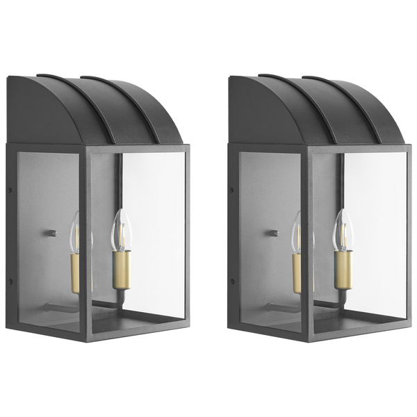 Zweier-Set moderne Außenwandleuchten mit dunkelgrauem Metallrahmen, Glaseinsätzen und zwei LED-Kerzenlampen in goldfarbenen Fassungen.