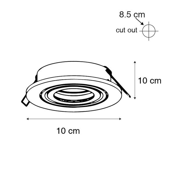 Technische Zeichnung eines Einbaustrahlers mit den Maßen 10 Zentimeter Durchmesser, 10 Zentimeter Höhe und einem Ausschnitt von 8,5 Zentimeter.