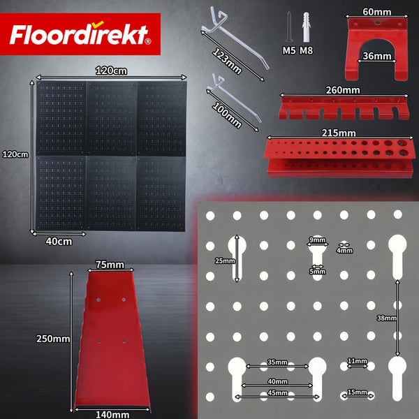 Lochwand-Set mit sechs schwarzen Paneelen, roten Werkzeughaltern und Haken. Gesamtfläche 120 mal 120 Zentimeter. Maße in Millimetern. Floordirekt Logo.