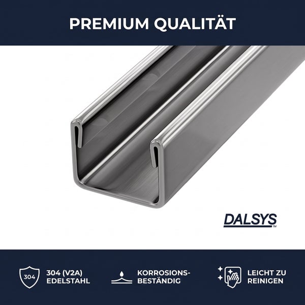 Dalsys C-Profil aus Edelstahl 304 V2A, korrosionsbeständig, leicht zu reinigen, Premium-Qualität. Dalsys Logo.