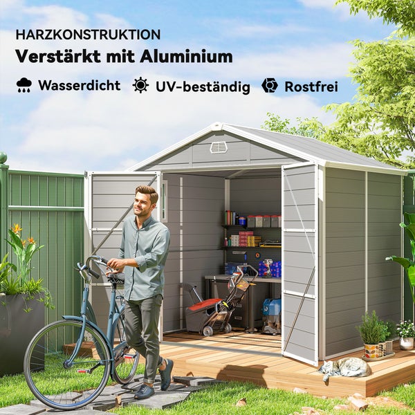 Gerätehaus mit Satteldach, Doppeltür, Lüftungsgitter und Seitenfenster.