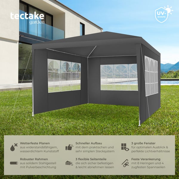 Pavillon tectake Barinas wasserdicht 3 x 3 m, im Stecksystem grau